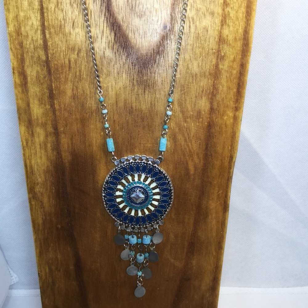 20 inch pendant necklace teal and dark blue silver - Picture 3 of 5
